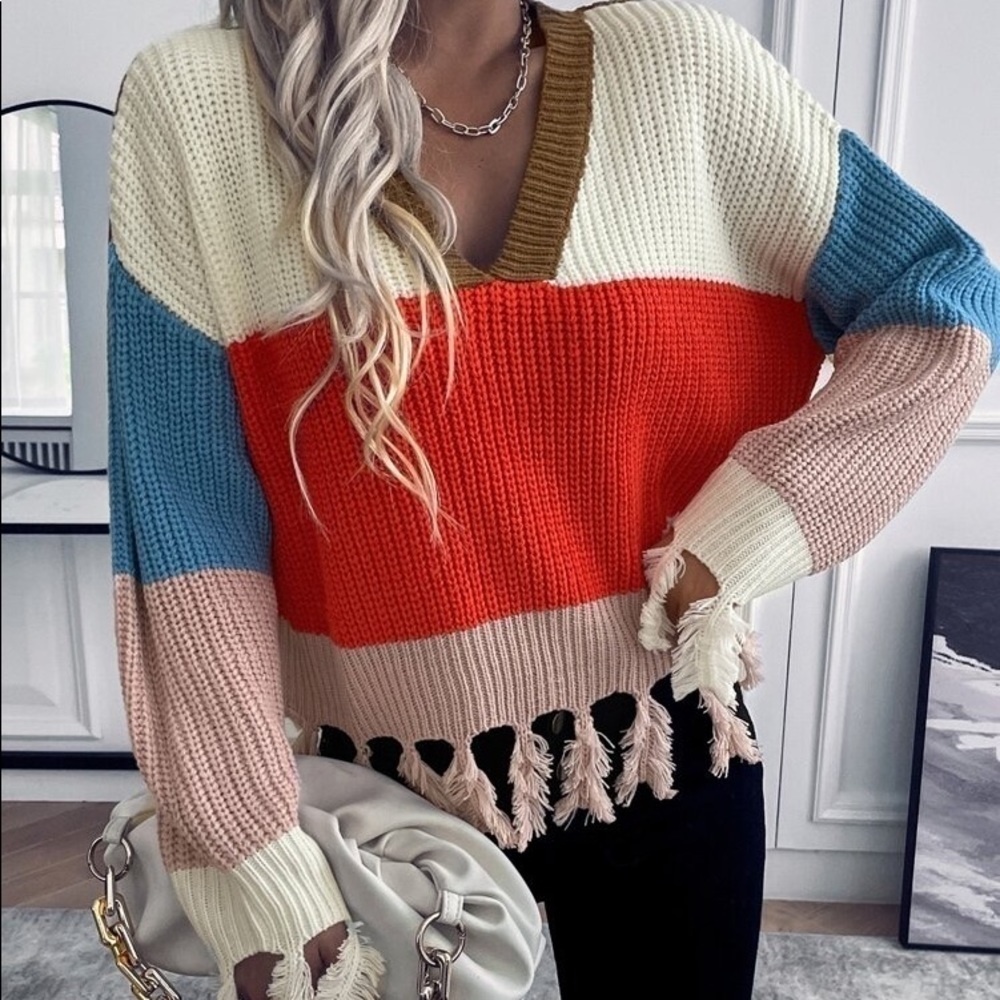 Shein V-Neck Colorblock Blue Orange Drop Shoulder Fringe Hem Sweater Size Medium - Picture 16 of 16